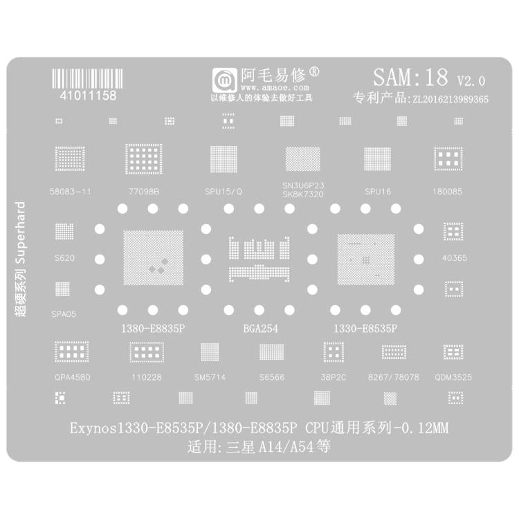 AMAOE For Samsung BGA Reballing Stencil Soldering Repair Tool, SAM15 S21/S21 Ultra, SAM16 A53/A536, SAM17 S22/S22 Ultra, SAM18 A14/A54, SAM19 S23/S24, SAM20 A156U/A156E, SAM21 S25/S25+