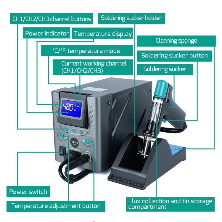 YIHUA 948D I 110W Anti-Static Desoldering Station With Strong Suction, HD LCD Screen, Adjustable Angle, And 3 Storage Channels