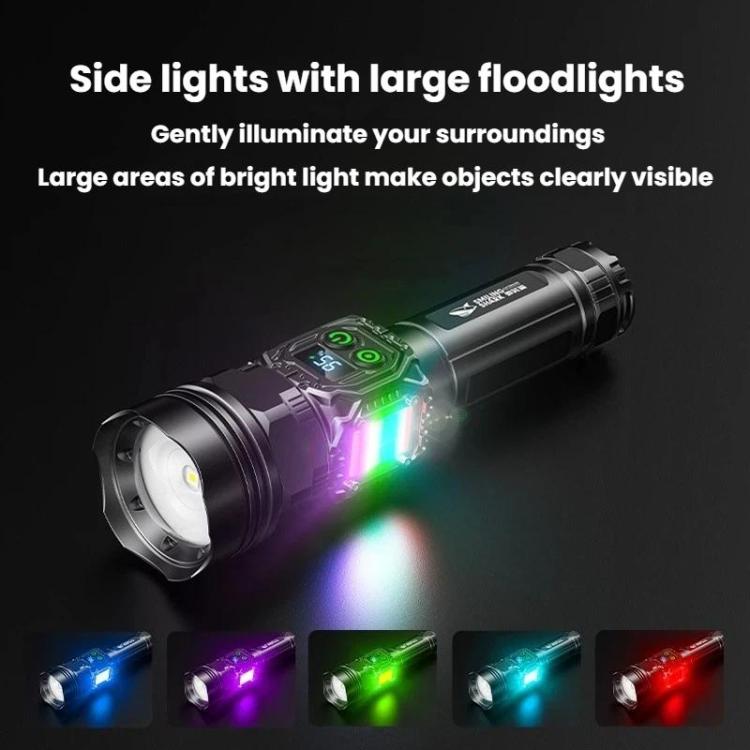 SMILING SHARK High-Brightness Flashlight With Power Display Outdoor Long-Range Spotlight, Rainbow Side Light, COB Side Light