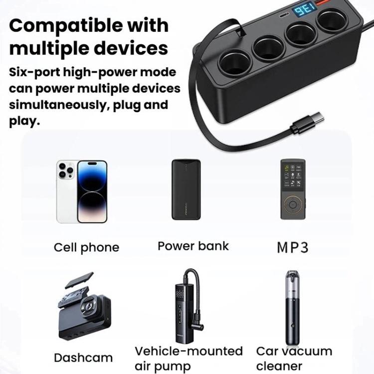 BY-1847 120W 1-To-4 Retractable Car Cable Digital Display Cigarette Lighter Car Charger