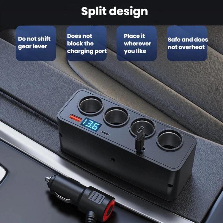 BY-1847 120W 1-To-4 Retractable Car Cable Digital Display Cigarette Lighter Car Charger