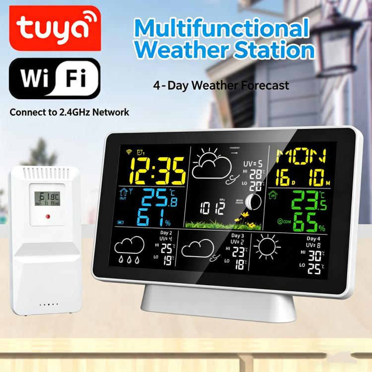 Tuya Compatible WiFi Weather Station Wireless Indoor Outdoor Thermometer with 4-Day Forecast Atomic Clock, EU Plug, US Plug, UK Plug