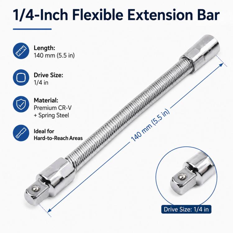 1/4-Inch Drive Flexible Extension Bar 140mm Spring Steel Socket Extension Shaft Flexible Socket Adapter