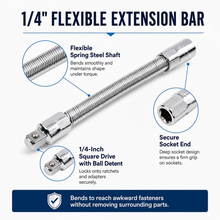 1/4-Inch Drive Flexible Extension Bar 140mm Spring Steel Socket Extension Shaft Flexible Socket Adapter