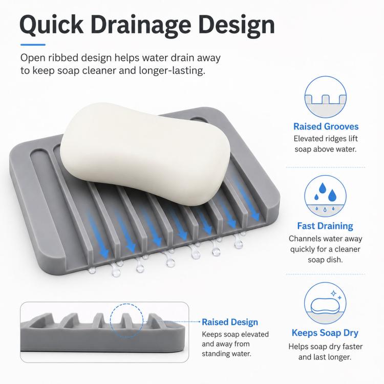 Silicone Soap Dish Self-Draining Bar Soap Holder Flexible Unbreakable Soap Saver Tray for Bathroom Shower, Bathtub and Kitchen Sink