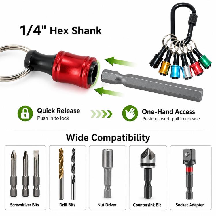 1/4 Inch Hex Shank Screwdriver Bit Holder Keychain 6-Piece Quick Release Extension Bar Set with Locking Carabiner