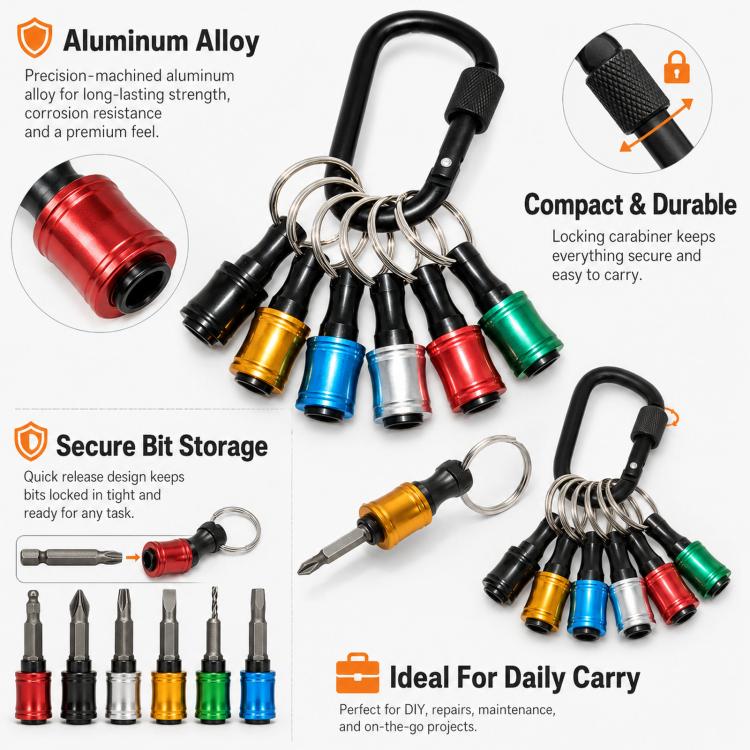 1/4 Inch Hex Shank Screwdriver Bit Holder Keychain 6-Piece Quick Release Extension Bar Set with Locking Carabiner