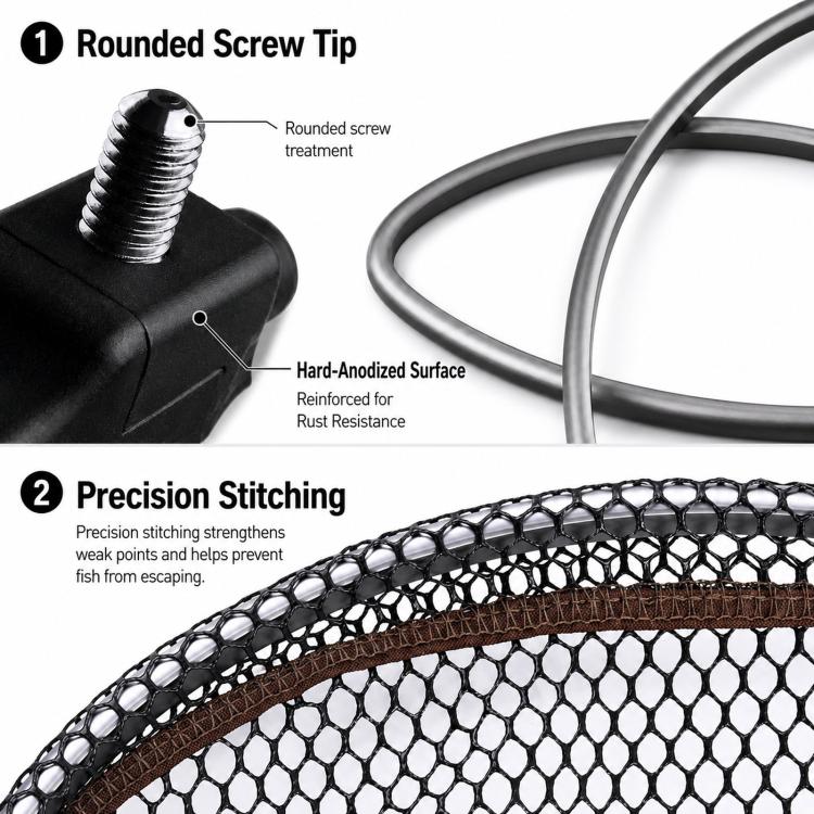 LINNHUE Foldable Rubber Coated Fishing Landing Net Head Anti-Snag Aluminum Alloy Frame Fly Fishing Mesh, 35cm, 40cm, 45cm
