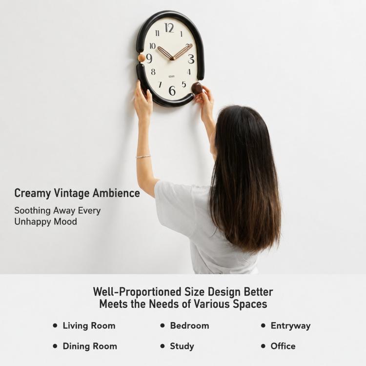 wozoom Retro Oval Wall Clock Silent Decorative Quartz Clock, Minimalist Black, 3D Design Aluminum Hands Brown, 3D Design Aluminum Hands Black, 3D Design Wooden Hands Black, 3D Design Wooden Hands Brown, 3D Design Wooden Hands Red                       ...