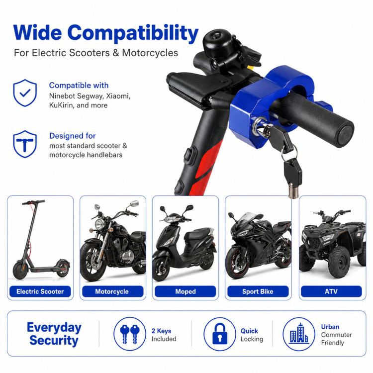CNC Aluminum Handlebar Grip Lock Universal Anti-Theft Brake Lever Lock for Electric Scooters, Motorcycles