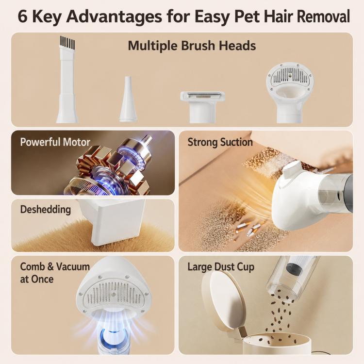 6-in-1 Cordless Pet Hair Vacuum Cleaner & Grooming Kit Strong Suction Handheld Car Vacuum