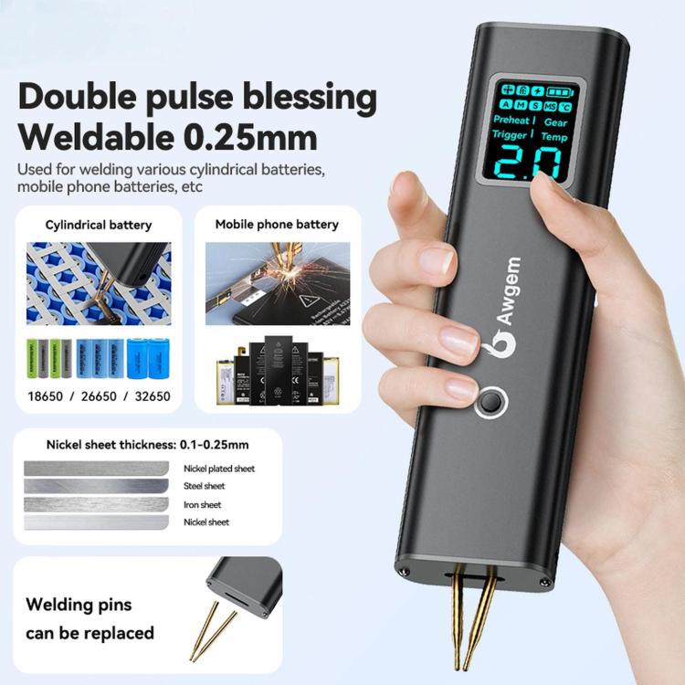 Awgem AS2 Portable Spot Welder with Screen Double Pulse 90 Gears Handheld Battery Welder, AS2