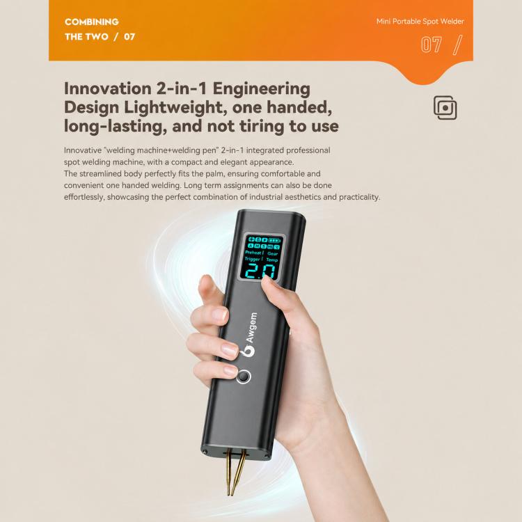 Awgem AS2 Portable Spot Welder with Screen Double Pulse 90 Gears Handheld Battery Welder, AS2