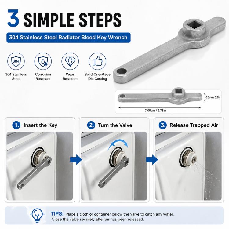 304 Stainless Steel Radiator Air Outlet Square Hole Wrench, 70.5x9.2mm