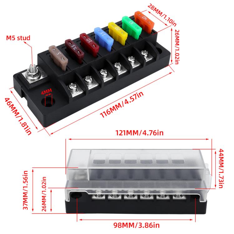 1-In-6-Out Waterproof Automotive Blade Fuse Holder, Without Lights, With Lights
