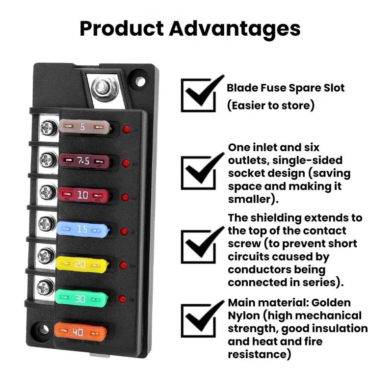 1-In-6-Out Waterproof Automotive Blade Fuse Holder, Without Lights, With Lights
