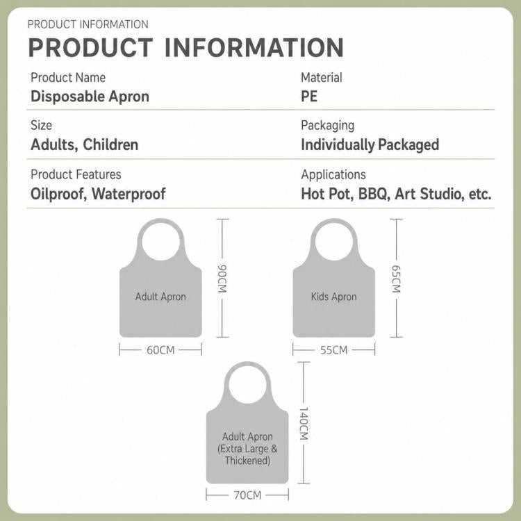 10 Packs Disposable Plastic Aprons Individually Wrapped Waterproof PE Aprons, Kids 55x65 cm, Adult 60x90 cm, Adult 70x140 cm