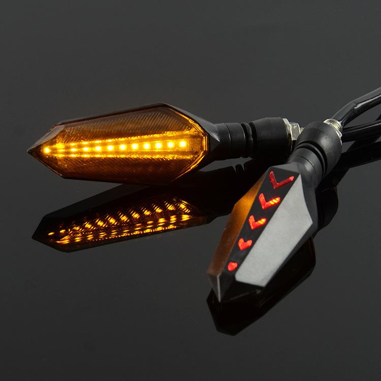 1 Pair Sequential LED Motorcycle Turn Signals with Arrow DRL Dual-Sided Flowing Amber Indicator Blinkers Light