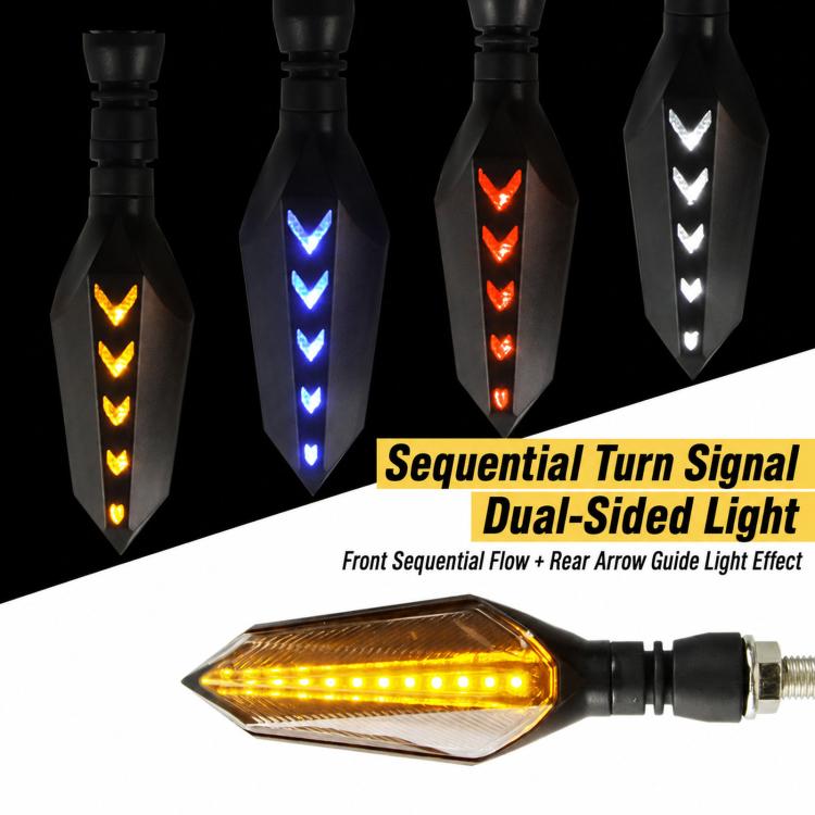 1 Pair Sequential LED Motorcycle Turn Signals with Arrow DRL Dual-Sided Flowing Amber Indicator Blinkers Light