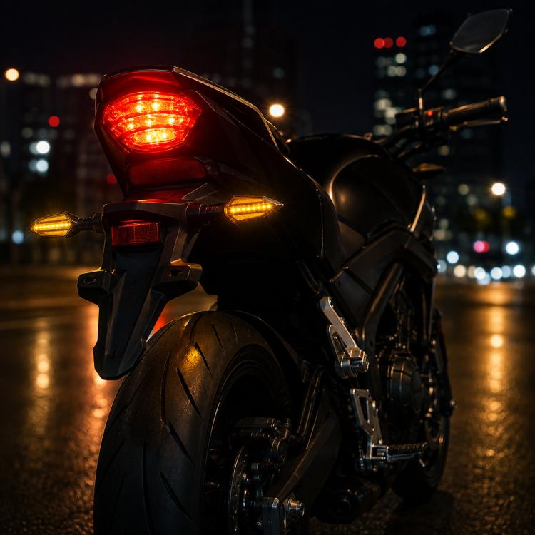 1 Pair Sequential LED Motorcycle Turn Signals with Arrow DRL Dual-Sided Flowing Amber Indicator Blinkers Light