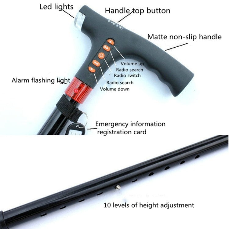 Ten-speed Adjustable Cane With Light And Radio Alarm For The Elderly, 8062