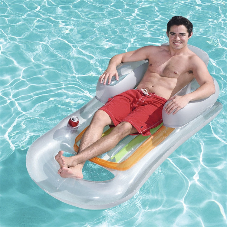 Single Water Inflatable Bed Back Luxury Chair Adult Inflatable Floating Row with Armrest & Cup Hole, 161 x 84cm (Blue), 161 x 84cm (Transparent)