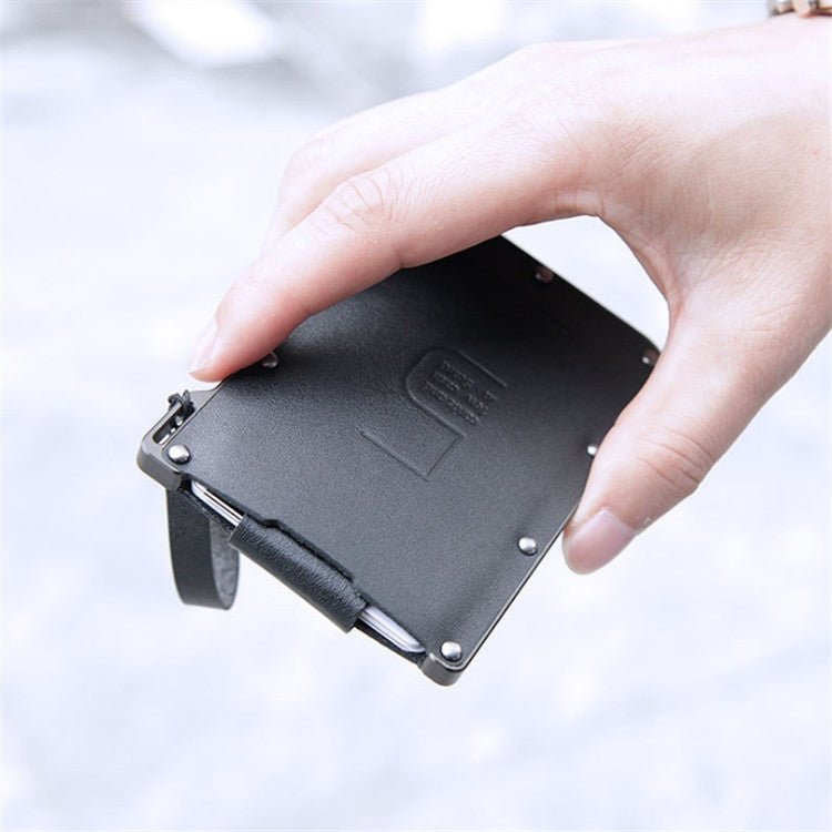 Portable Ultra-thin Card Holder Pull-out Design Invisible Personalized Card Holder, Black Genuine Leather