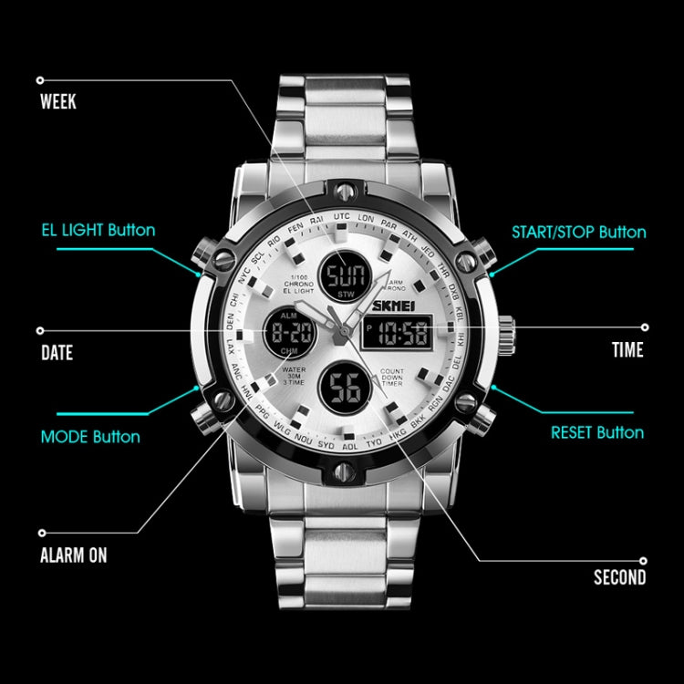 SKMEI 1389 Multifunctional Men Business Digital Watch 30m Waterproof Large Dial Wrist Watch with Stainless Steel Watchband , 1389 Black, 1389 Blue, 1389 Silver, 1389 Silver+Black