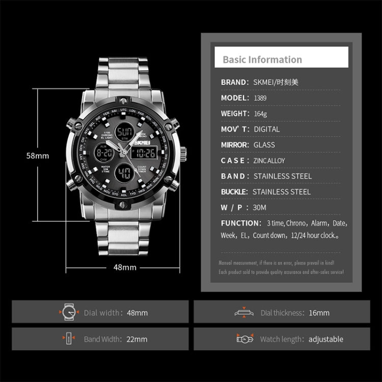 SKMEI 1389 Multifunctional Men Business Digital Watch 30m Waterproof Large Dial Wrist Watch with Stainless Steel Watchband , 1389 Black, 1389 Blue, 1389 Silver, 1389 Silver+Black