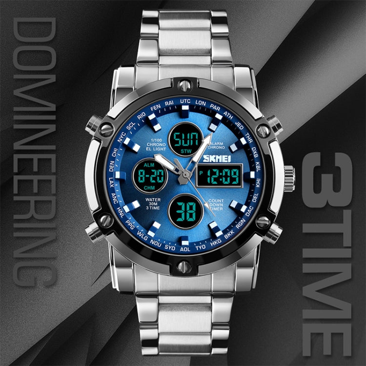 SKMEI 1389 Multifunctional Men Business Digital Watch 30m Waterproof Large Dial Wrist Watch with Stainless Steel Watchband , 1389 Black, 1389 Blue, 1389 Silver, 1389 Silver+Black