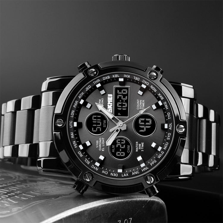 SKMEI 1389 Multifunctional Men Business Digital Watch 30m Waterproof Large Dial Wrist Watch with Stainless Steel Watchband , 1389 Black, 1389 Blue, 1389 Silver, 1389 Silver+Black