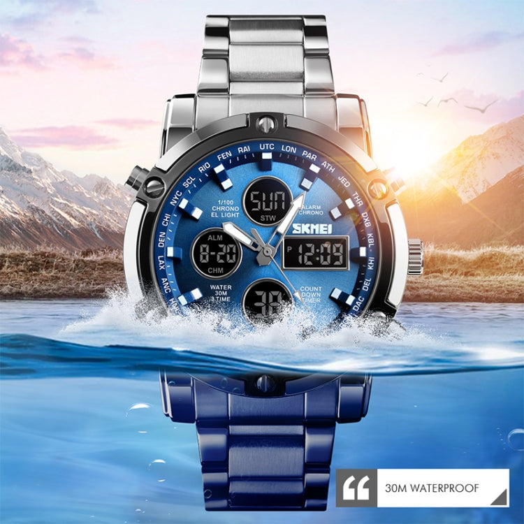 SKMEI 1389 Multifunctional Men Business Digital Watch 30m Waterproof Large Dial Wrist Watch with Stainless Steel Watchband , 1389 Black, 1389 Blue, 1389 Silver, 1389 Silver+Black