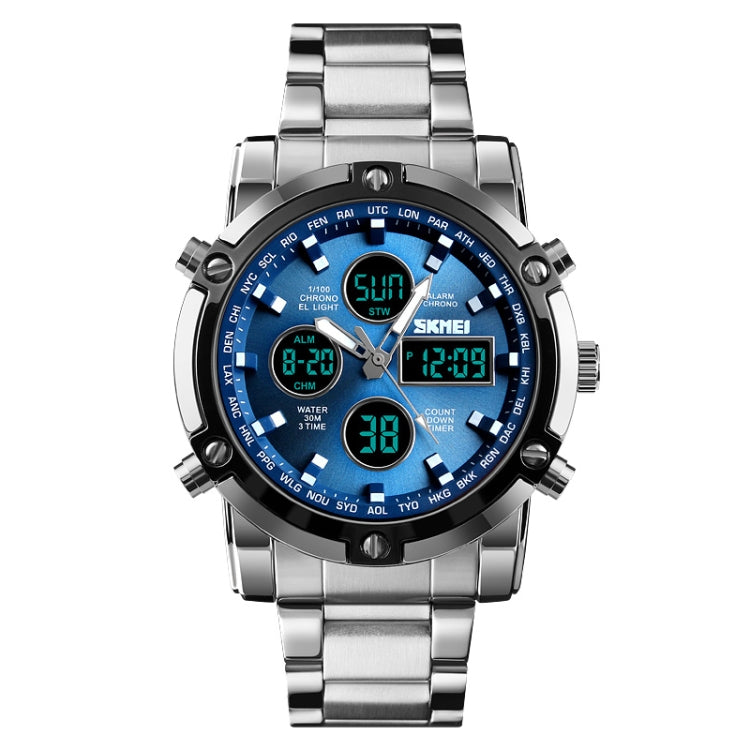 SKMEI 1389 Multifunctional Men Business Digital Watch 30m Waterproof Large Dial Wrist Watch with Stainless Steel Watchband , 1389 Black, 1389 Blue, 1389 Silver, 1389 Silver+Black